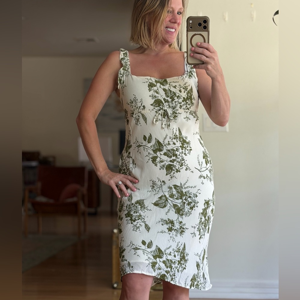 Reformation Size Large Leni Midi Dress Sage Brush Floral w Ruffle Green Cream
